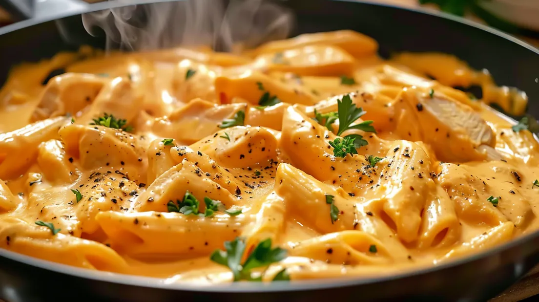 A one-pot meal of chicken and pasta.