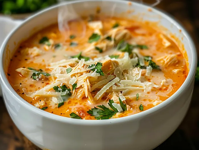 A bowl of creamy chicken parmesan soup.