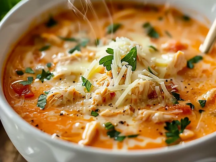 A bowl of creamy chicken parmesan soup.