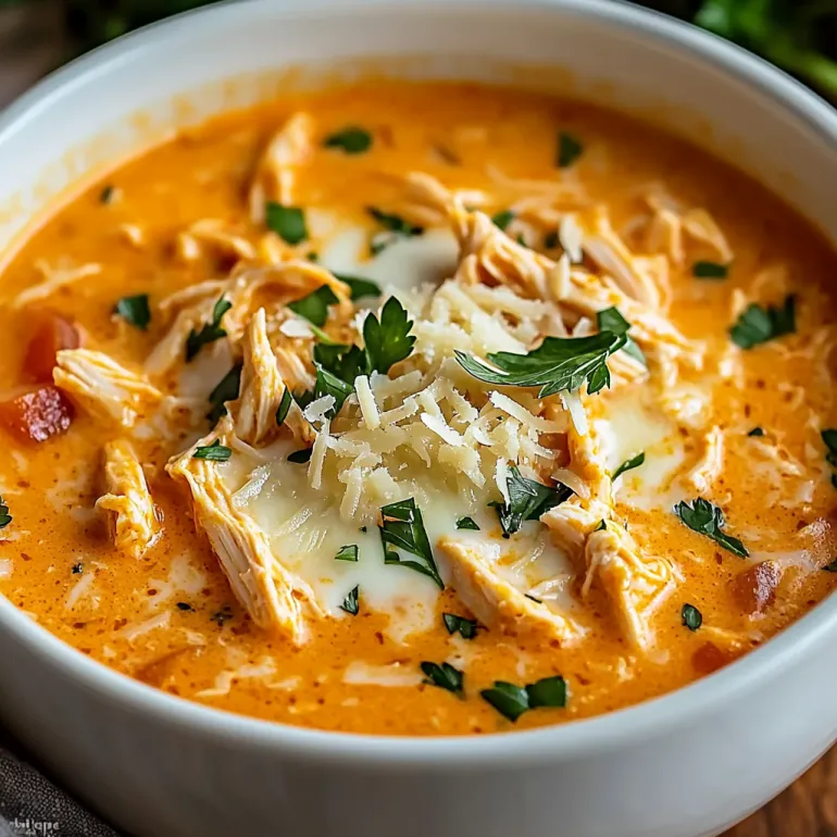 A bowl of soup with chicken and cheese.