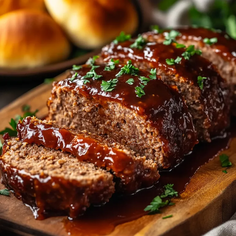 A meatloaf with a brown sauce on a wooden cutting board.