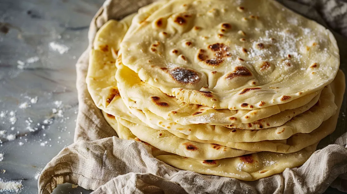 A stack of flatbreads on a table.