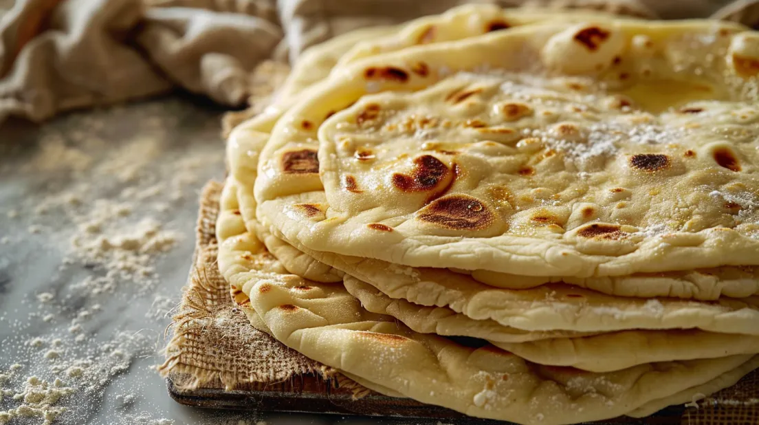 A stack of flatbreads on a wooden board.