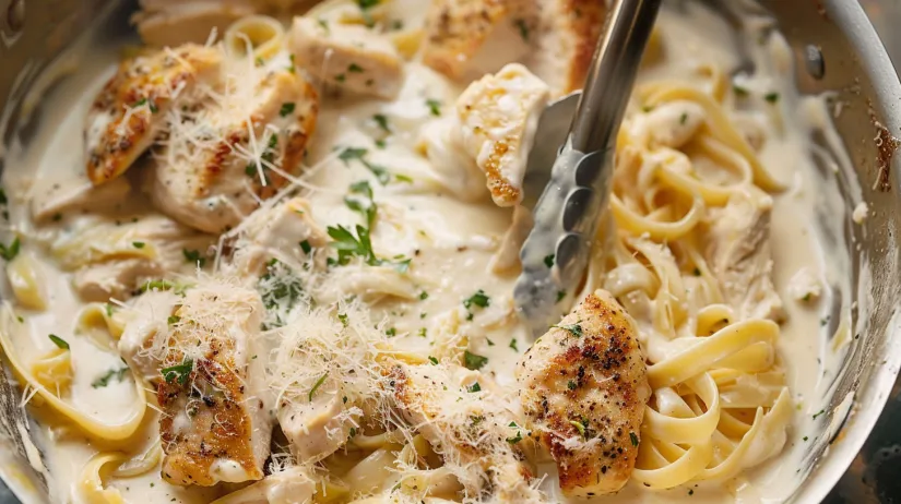 A plate of chicken fettuccine alfredo.