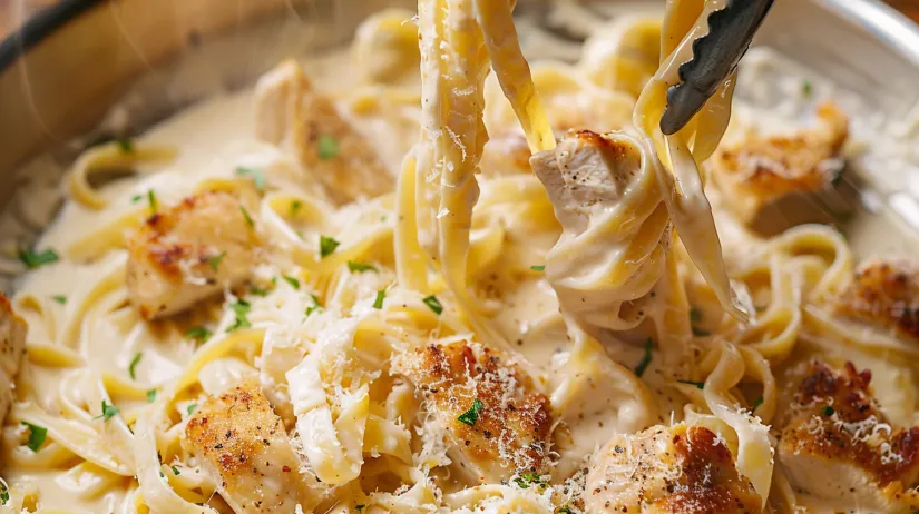 A close up of a plate of chicken fettuccine alfredo.