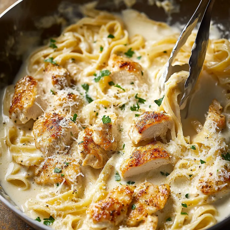 A bowl of chicken fettuccine alfredo.