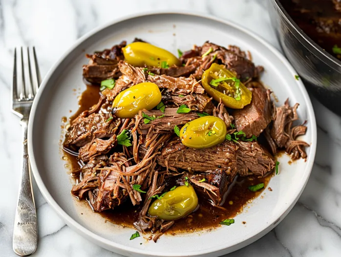 A plate of beef with tomatoes and peppers.