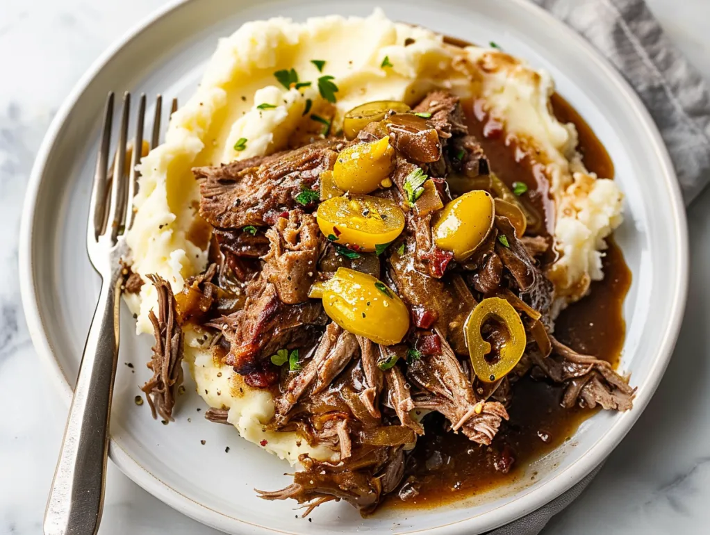 A plate of pot roast with mashed potatoes and green onions.