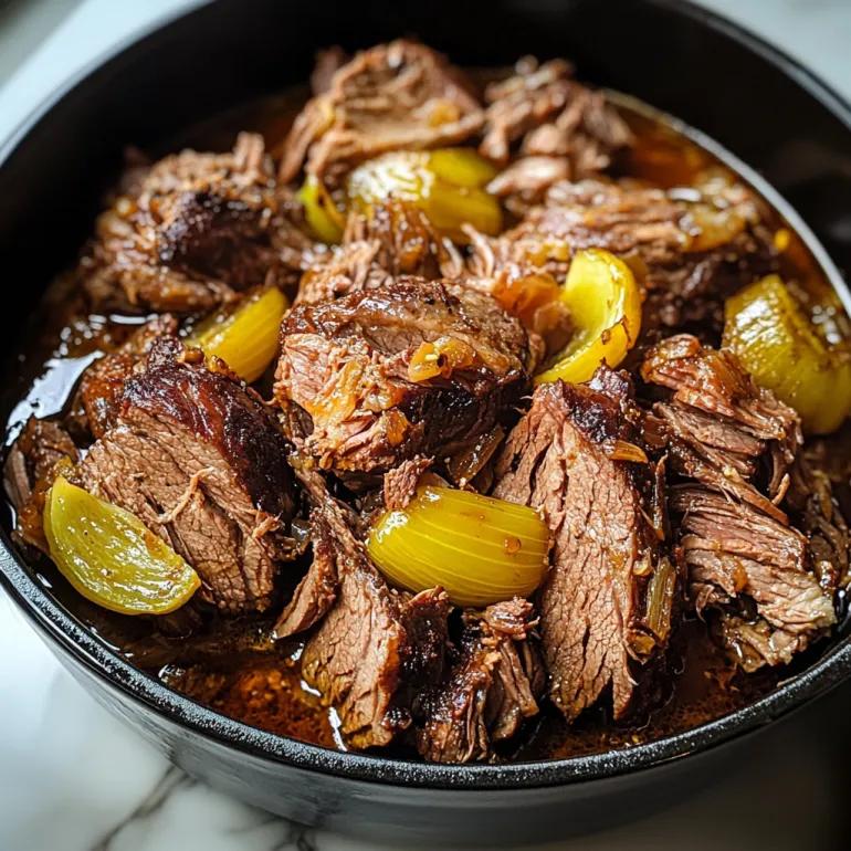 A bowl of beef with onions and peppers.