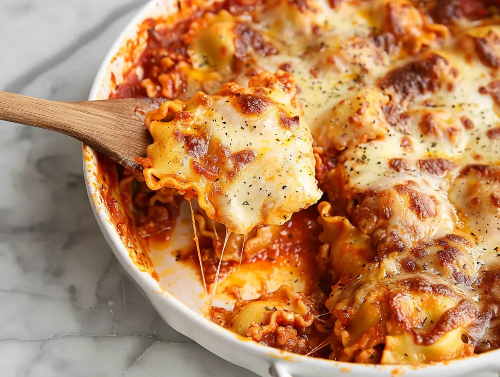 A close up of a plate of baked ravioli.