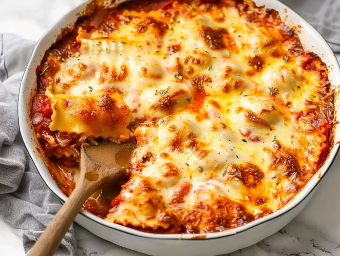 A baked ravioli dish with cheese and tomato sauce.