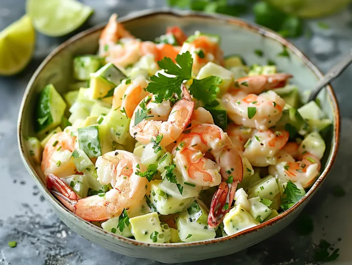 A bowl of shrimp salad with a green herb on top.
