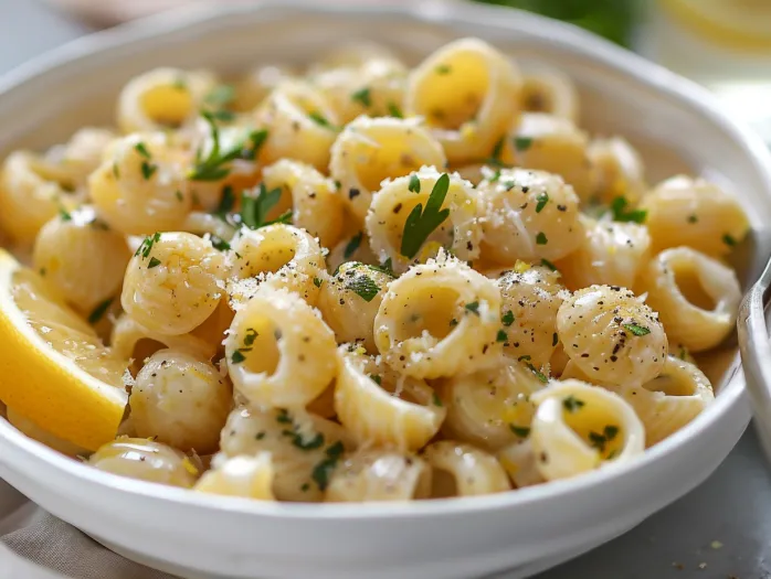 A bowl of pasta with garlic butter and herbs.