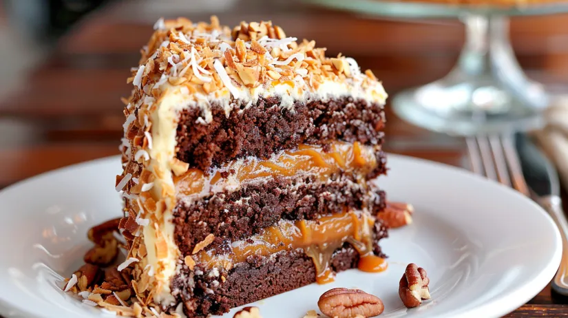 A slice of cake with a white plate underneath.