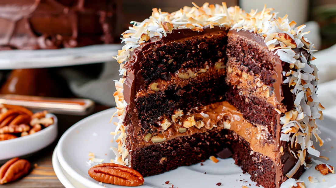 A slice of cake with a nut on top.