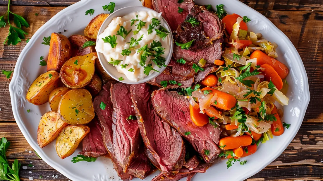 A plate of corned beef and cabbage.