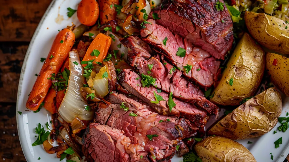 A plate of corned beef and cabbage.