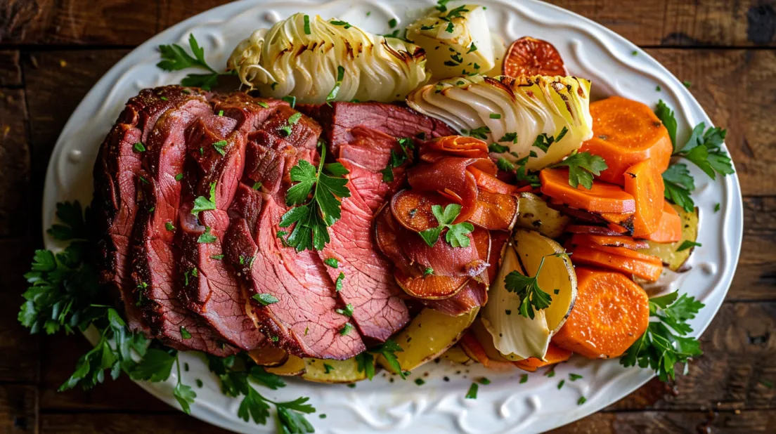 A plate of corned beef and cabbage.