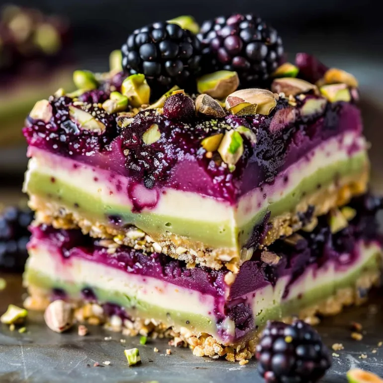 A stack of three layers of blackberry pistachio dream bars.
