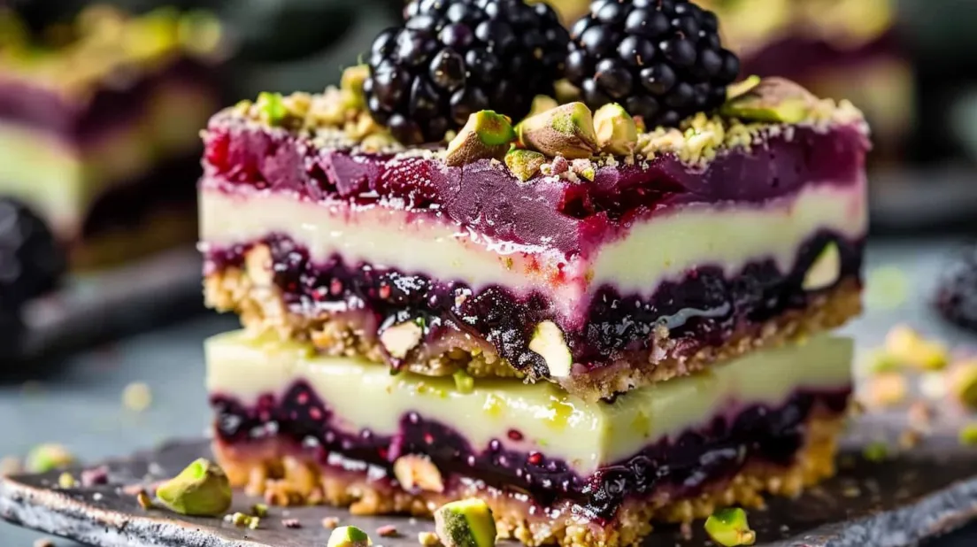 A close up of a dessert with blackberries and pistachios.
