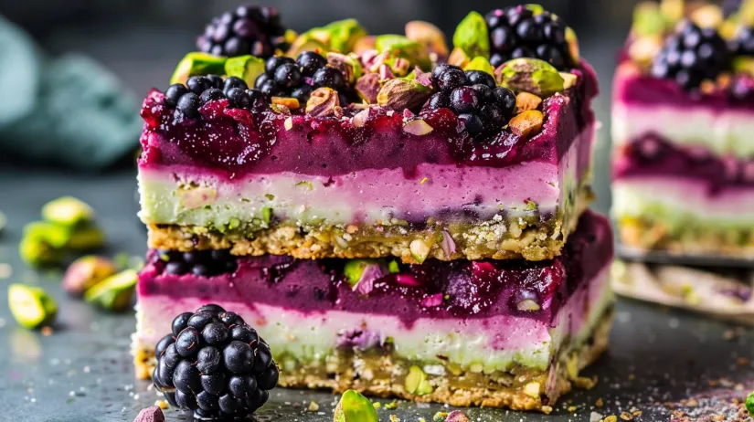 A slice of blackberry pistachio dream bars.