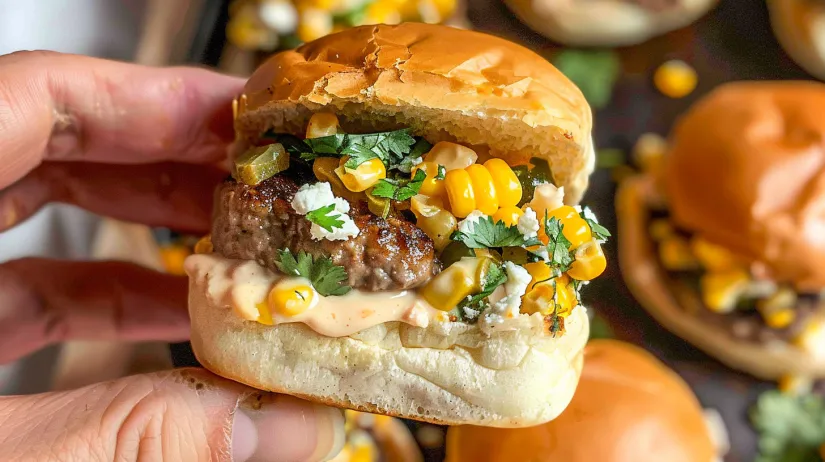 A person is holding a street corn cheeseburger slider.