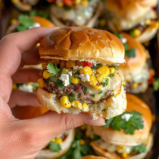 A person holding a street corn cheeseburger slider.
