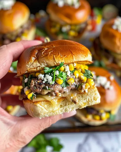 A person holding a street corn cheeseburger slider.