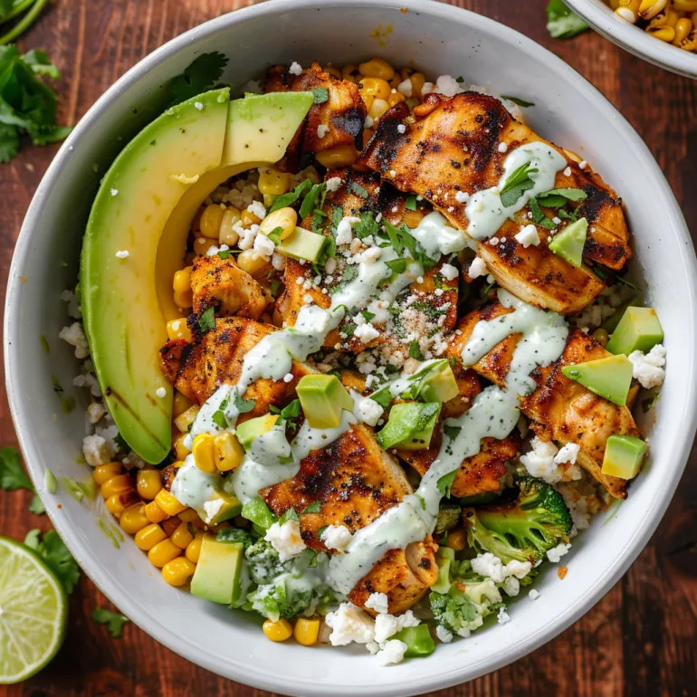 A bowl of food with chicken, avocado, and corn.