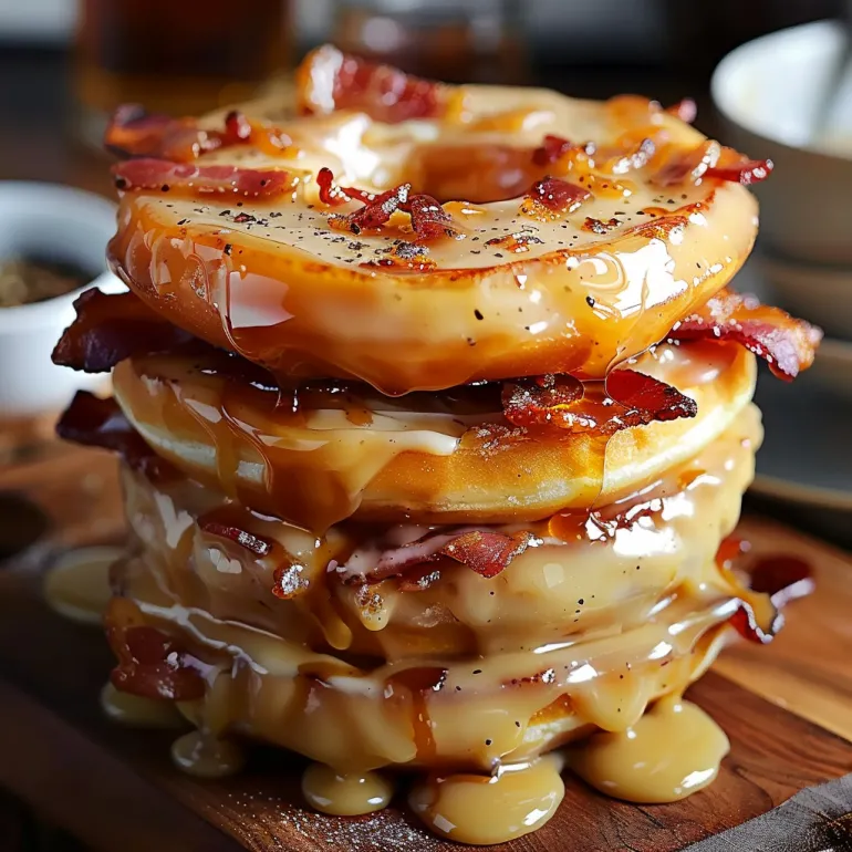 A stack of donuts with bacon and maple glaze.