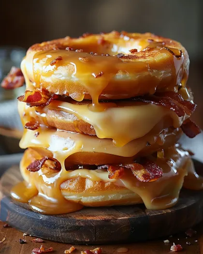 A stack of three donuts with bacon and maple glaze.