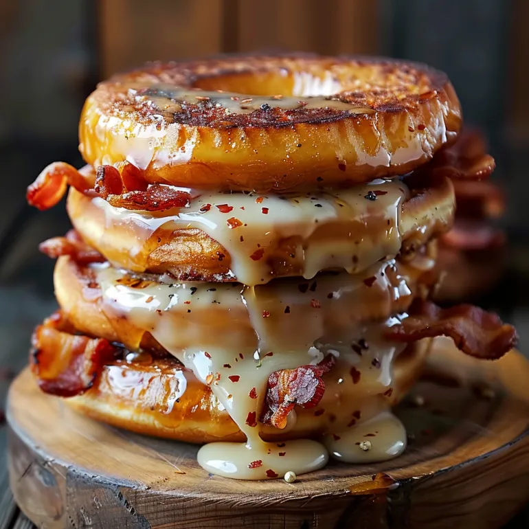 A stack of three grilled cheese sandwiches with bacon and maple glaze.