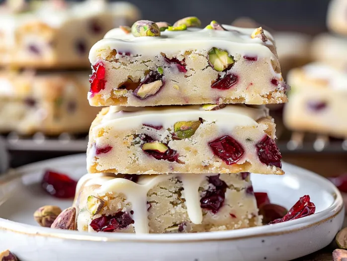 A stack of cranberry pistachio shortbread cookies.