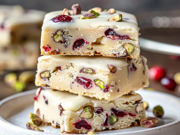 Three stacked layers of cranberry pistachio shortbread cookies.