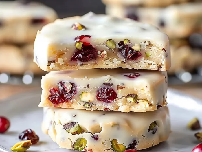 A stack of cranberry pistachio shortbread cookies.