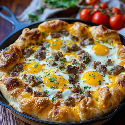 A breakfast pizza with sausage, eggs, and cheese.