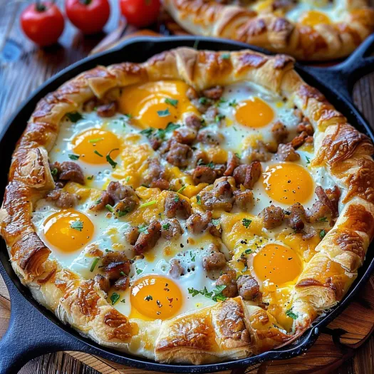 A breakfast pizza with sausage, eggs, and cheese.