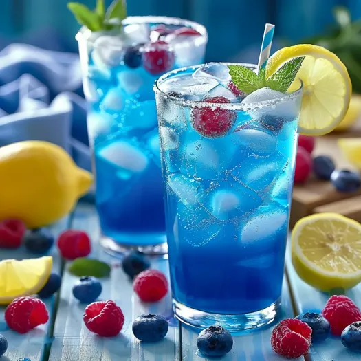 Two glasses of blue raspberry lemonade.