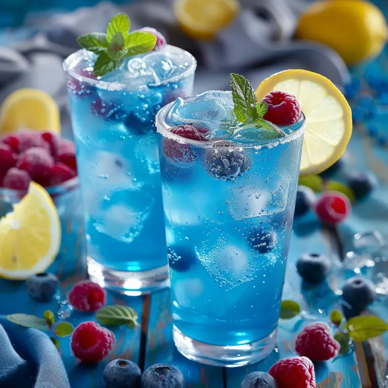 Two glasses of blue raspberry lemonade.