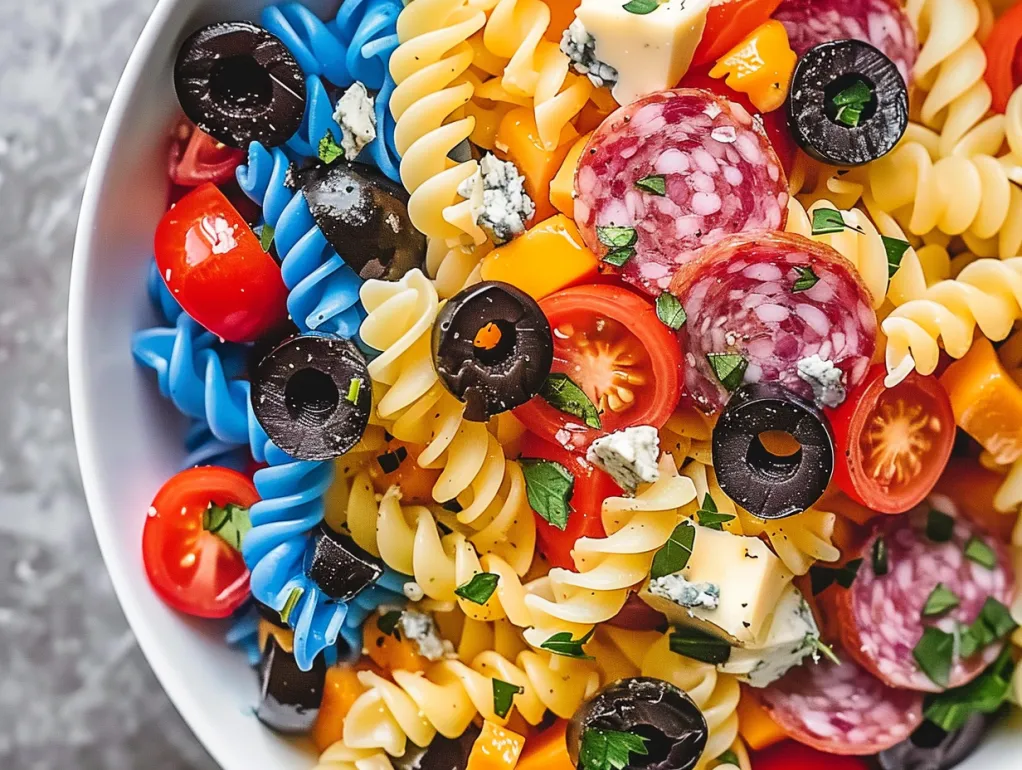 A bowl of pasta salad with red, white and blue colors.