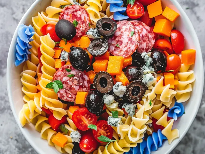 A bowl of pasta salad with tomatoes, olives, and blue cheese.