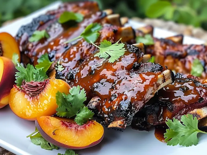 Baby back ribs with balsamic-peach BBQ sauce.