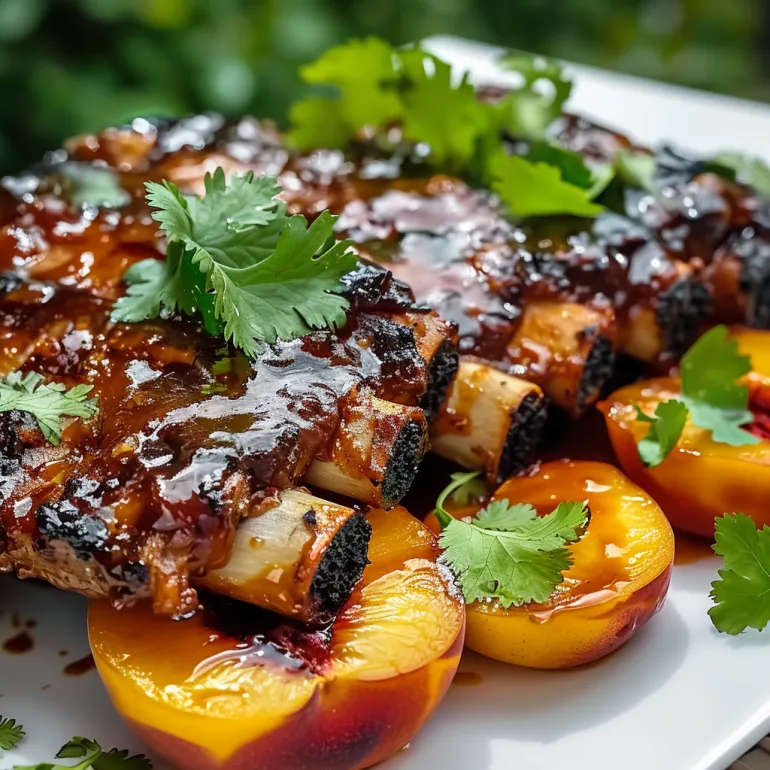 A plate of baby back ribs with balsamic-peach BBQ sauce.