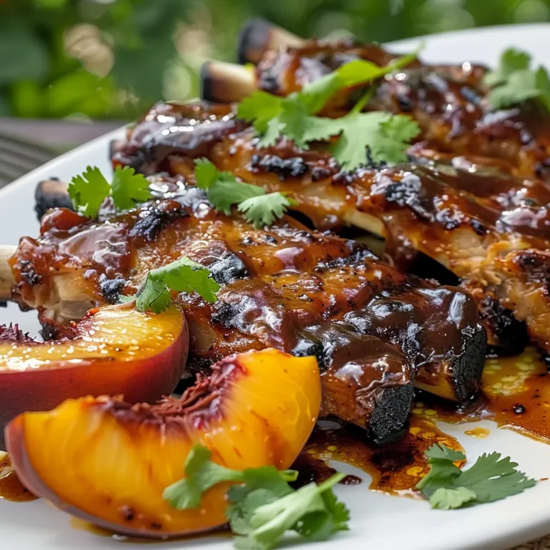A plate of baby back ribs with balsamic-peach BBQ sauce.