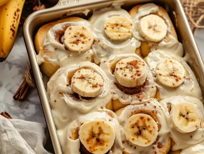 A pan of banana bread cinnamon rolls.