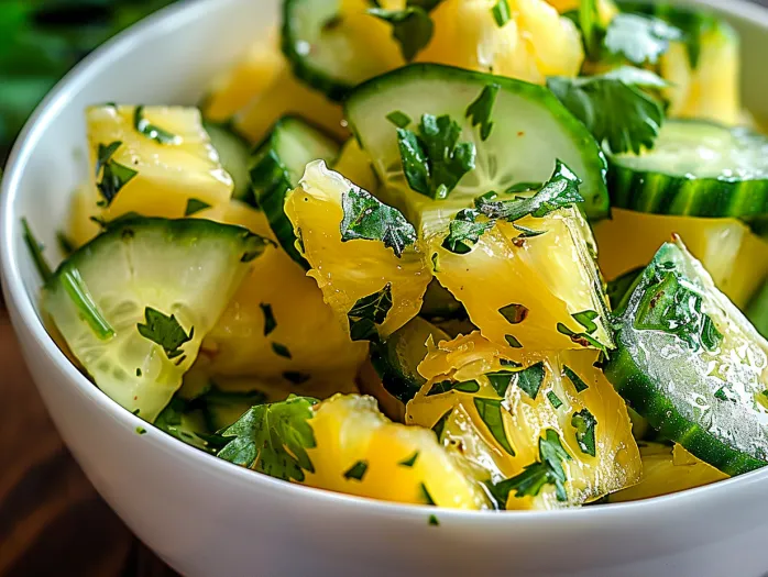 A bowl of pineapple cucumber lime salad.
