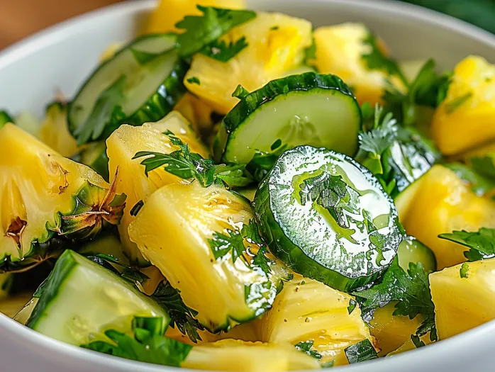 A bowl of pineapple cucumber lime salad.