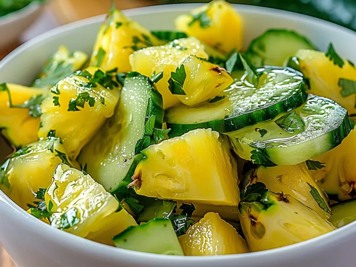 A bowl of pineapple cucumber lime salad.