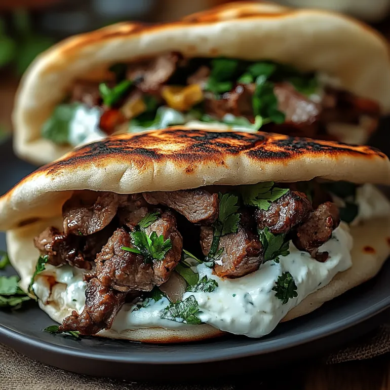 Two cheesy beef and mushroom pita pockets with tzatziki sauce.
