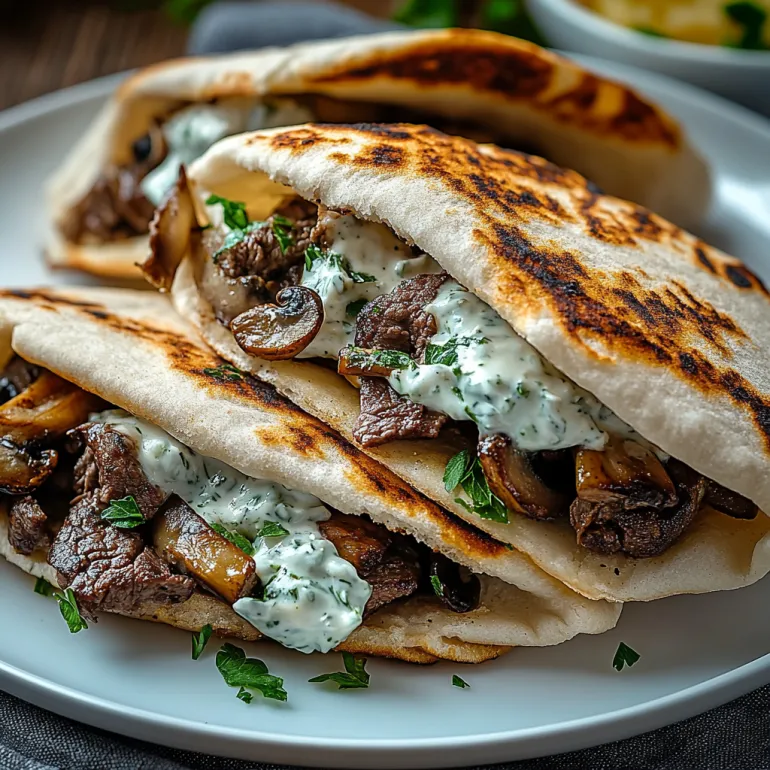 Two beef and mushroom pita pockets with tzatziki sauce.